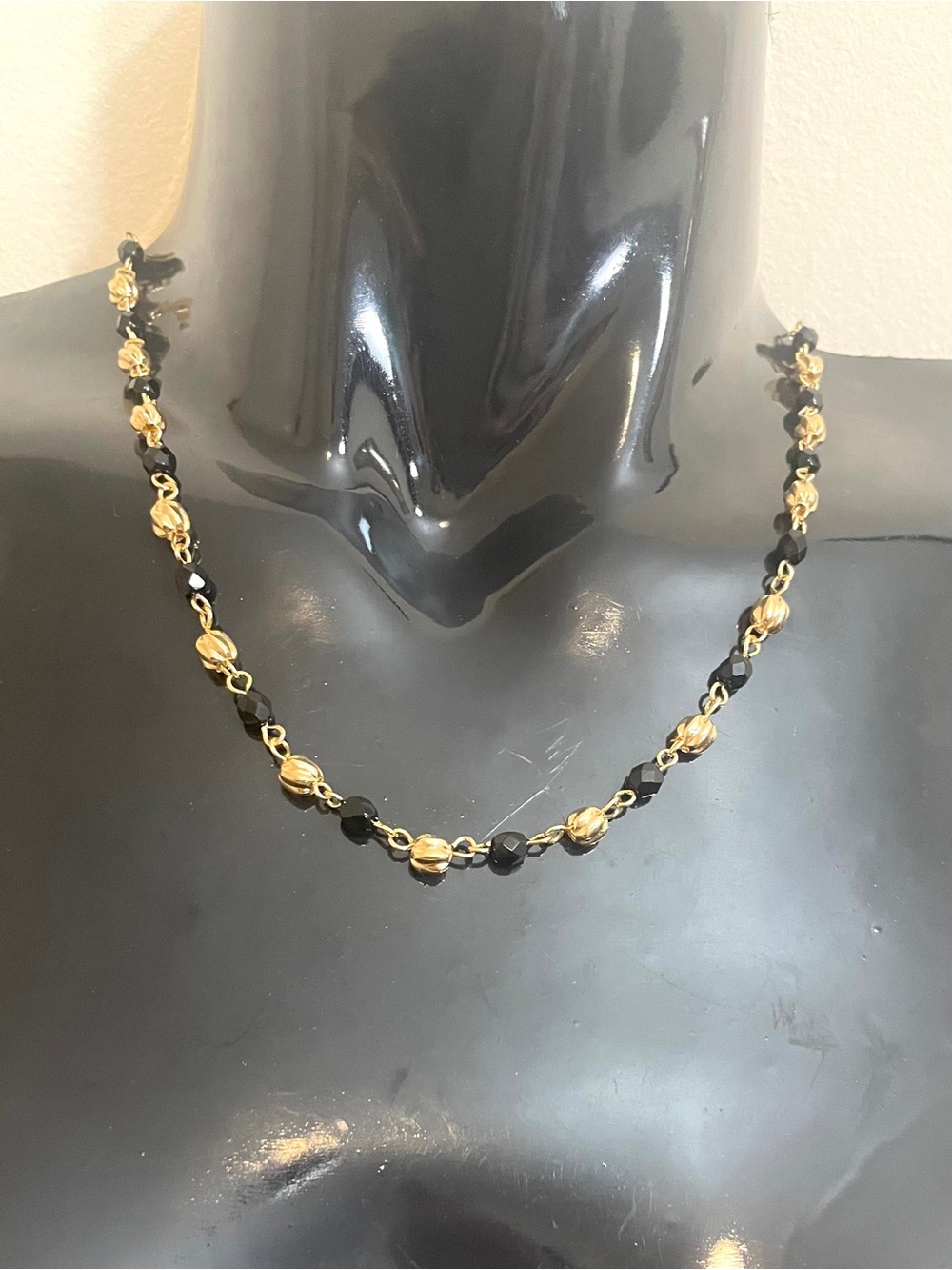 Black and Gold Beaded Necklace Gold Filled Adjustable Necklace  Gold Filled NWOT